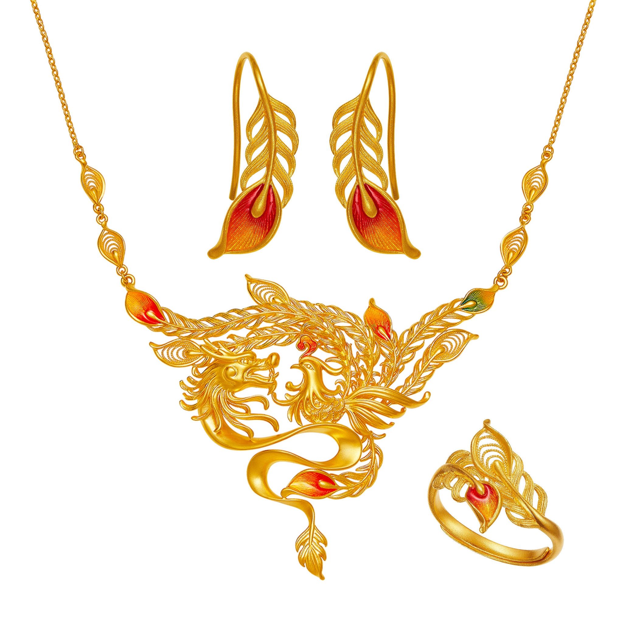 24K Gold Necklace Dragon & Phoenix Happiness – Lao Feng Xiang Jewelry