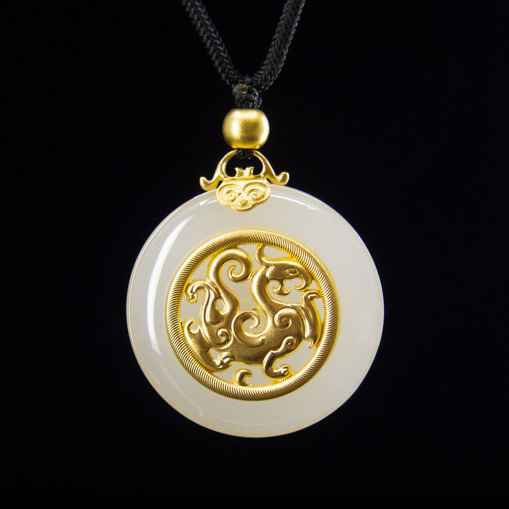 24K Gold Nephrite Dragon Necklace w Black Rope