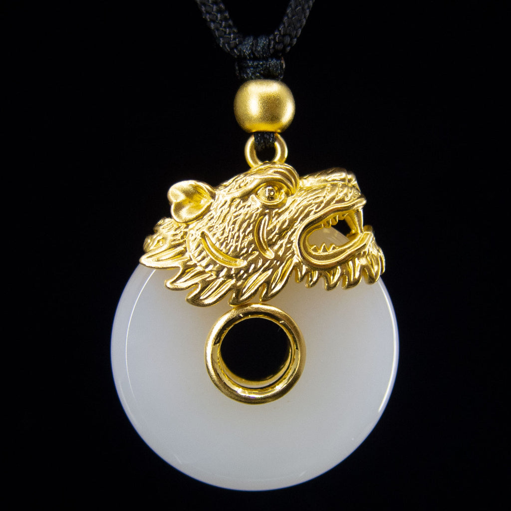 24K Gold Nephrite Auspicious Beast Necklace w Black Rope
