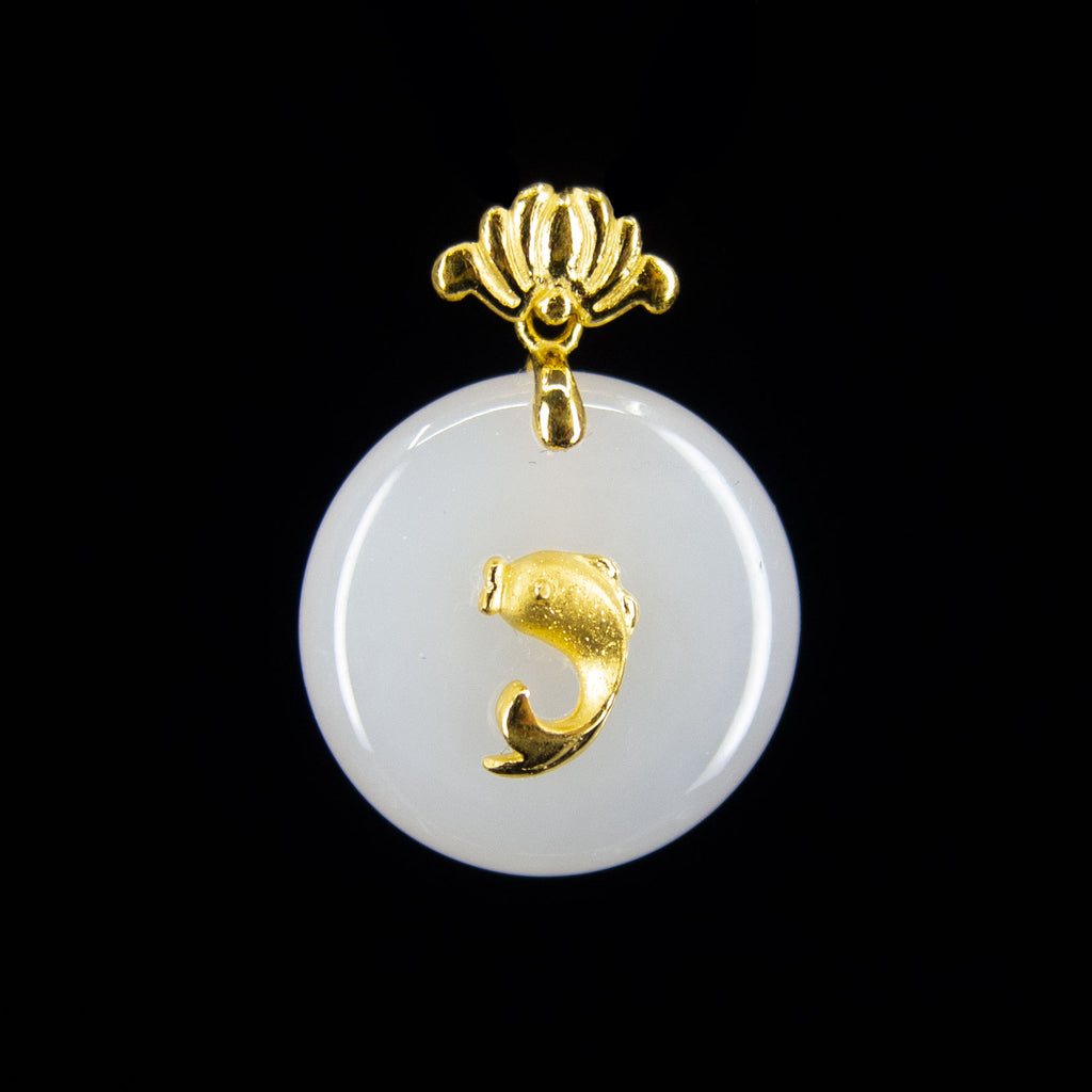 24K Gold Nephrite Fish & Lotus Pendant