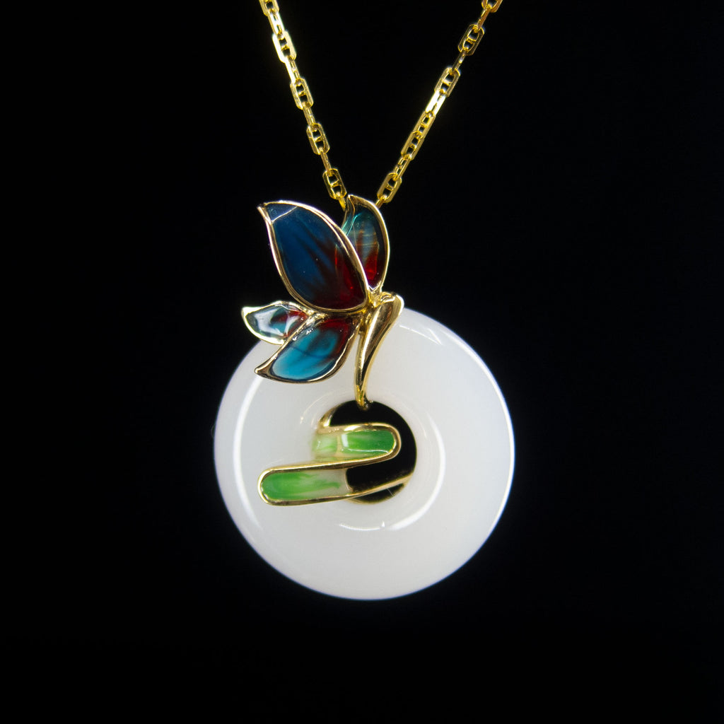18K Yellow Gold Nephrite Circle Enameled Butterfly Pendant